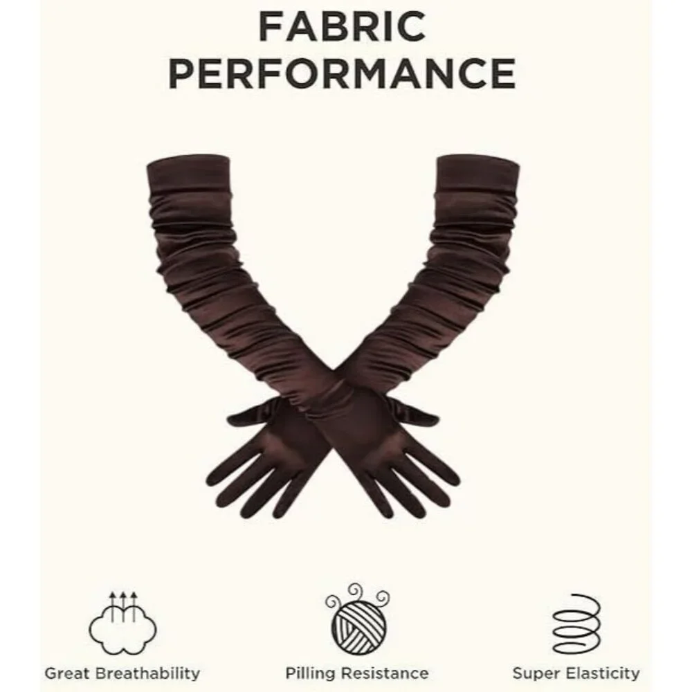 Women's Long Satin Gloves Dark Brown Stretchy Upper Arm Length Costume Design